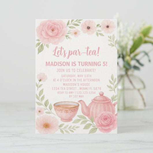 Elegante Bloementhee Party Verjaardag Uitnodiging (Staand voorkant)