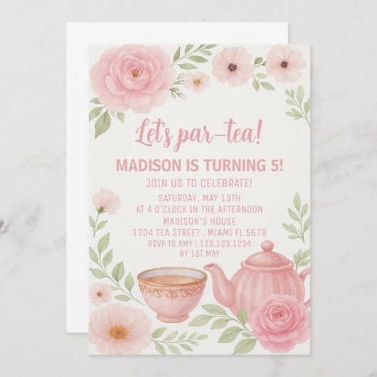 Elegante Bloementhee Party Verjaardag Uitnodiging (Voorkant / Achterkant)