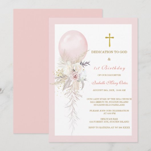 Elegante bloementoewijding en 1e verjaardag kaart (Voorkant / Achterkant)