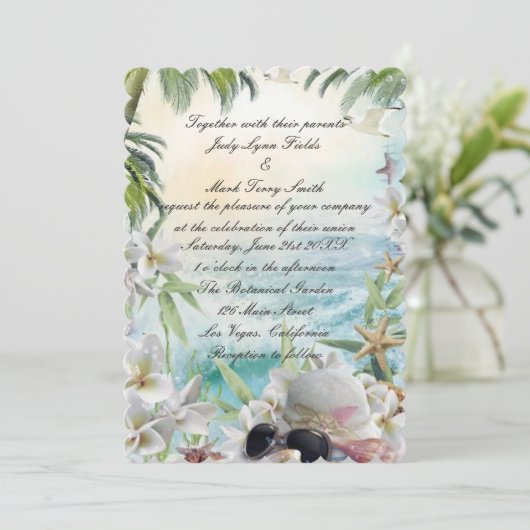 Elegante bloementropische strand bruiloft uitnodig kaart (Staand voorkant)