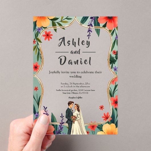 Elegante Bloementuin Bruid & Bruidegom Zomer Huwel Acryl Uitnodigingen (Insitu (Draagbaar))
