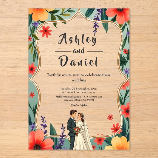 Elegante Bloementuin Bruid & Bruidegom Zomer Huwel Acryl Uitnodigingen (Voorkant)