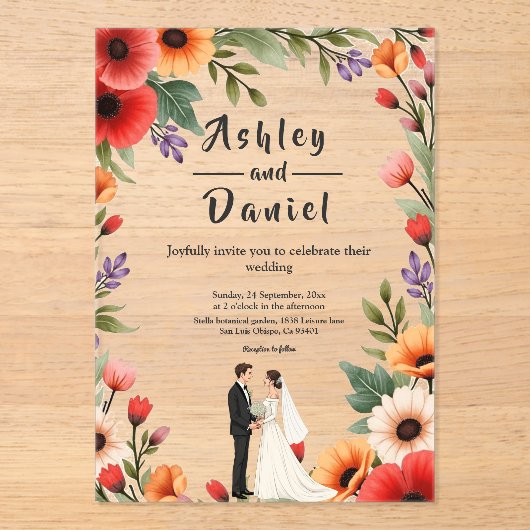 Elegante Bloementuin Bruid & Bruidegom Zomer Huwel Acryl Uitnodigingen (Voorkant)