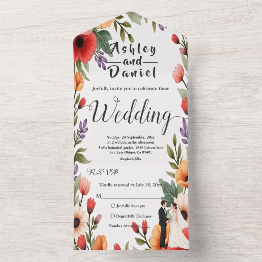 Elegante Bloementuin Bruid & Bruidegom Zomer Huwel All In One Uitnodiging (Binnen)