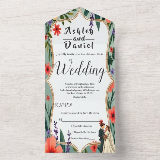 Elegante Bloementuin Bruid & Bruidegom Zomer Huwel All In One Uitnodiging (Binnen)