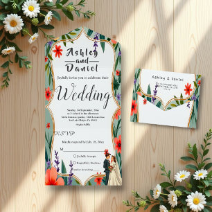 Elegante Bloementuin Bruid & Bruidegom Zomer Huwel All In One Uitnodiging