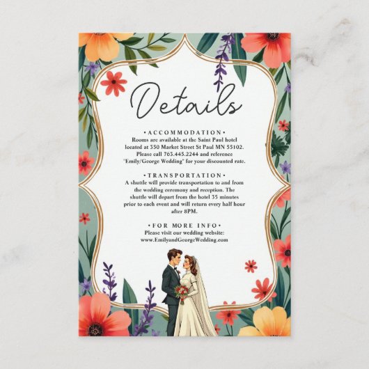 Elegante Bloementuin Bruid & Bruidegom Zomer Huwel Informatiekaartje (Voorkant)