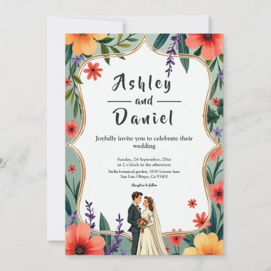 Elegante Bloementuin Bruid & Bruidegom Zomer Huwel Kaart (Voorkant)