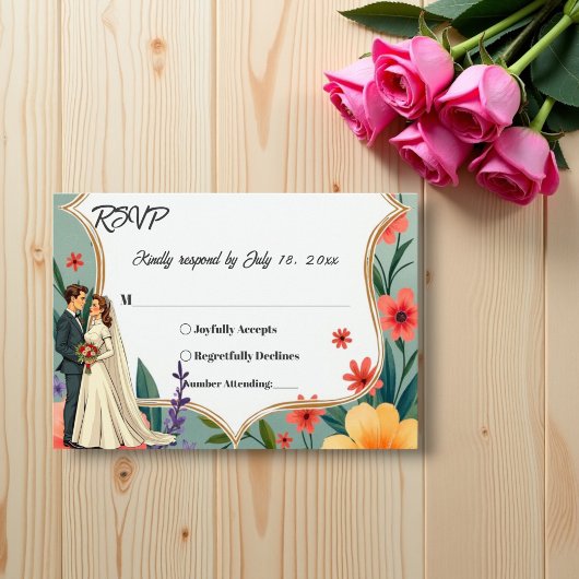 Elegante Bloementuin Bruid & Bruidegom Zomer Huwel RSVP Kaartje