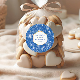 Elegante bloementuin goud koningsblauw bruiloft ronde sticker