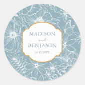 Elegante Bloementuin Goud Stof Blauw Bruiloft Ronde Sticker (Voorkant)