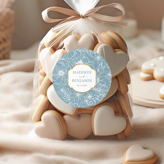 Elegante Bloementuin Goud Stof Blauw Bruiloft Ronde Sticker