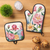 Elegante Bloementuin Oven Mitt & Pot Houders Ovenwant & Pannenlap Set (Top down)