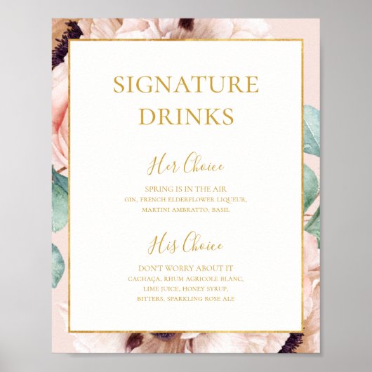 Elegante Bloementuin | Pastel Signature Drankjes Poster (Voorkant)