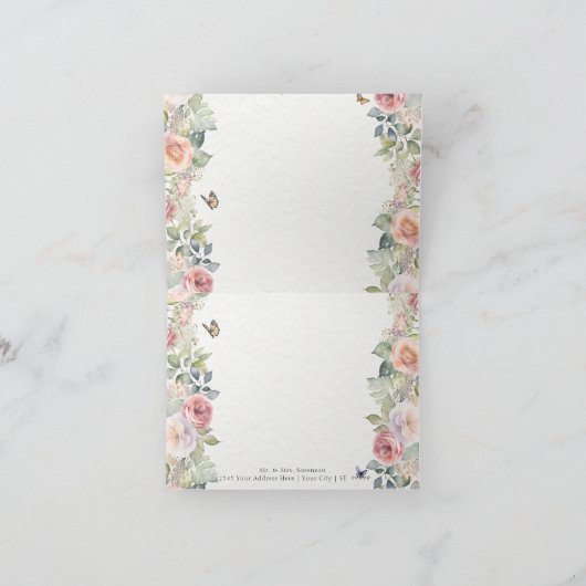 Elegante bloementuin Roze Rose Blue Hydrangeas Bedankkaart (Binnen)