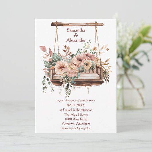 Elegante bloementuin schommel bruiloft kaart (Staand voorkant)