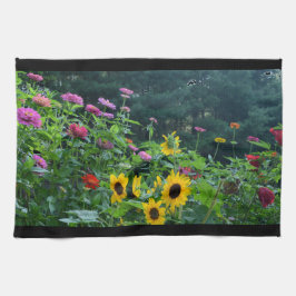 Elegante bloementuin zonnebloemen zinnia mums theedoek