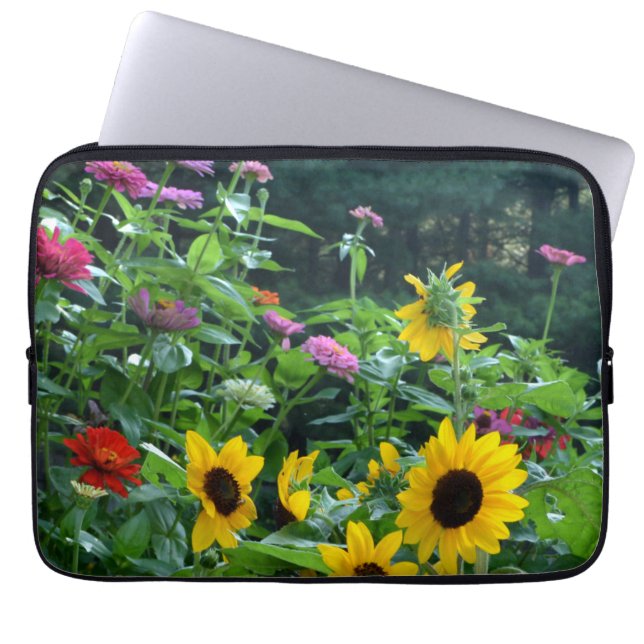 Elegante bloementuin zonnebloemen zinnias madelief laptop sleeve (Voorkant)