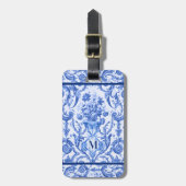 Elegante bloemenvaas Blauw toile de jouy monogram Bagagelabel (Voorkant verticaal)