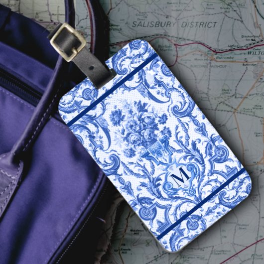 Elegante bloemenvaas Blauw toile de jouy monogram Bagagelabel