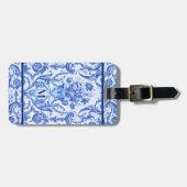 Elegante bloemenvaas Blauwe toile de jouy monogram Bagagelabel (Voorkant horizontaal)