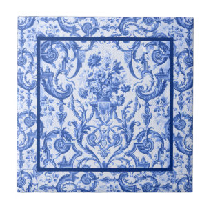 Elegante bloemenvaas Blauwe toile de jouy monogram Tegeltje
