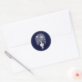 Elegante Bloemenvase Navy Heritage Bruiloft Ronde Sticker