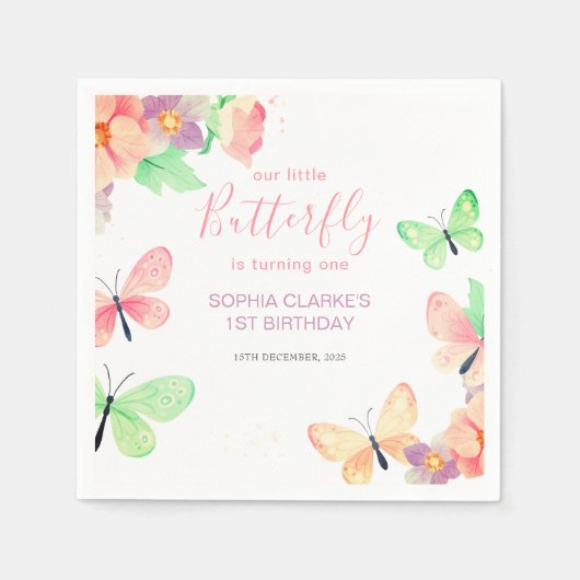 Elegante Bloemenvlinder 1e Verjaardagspapier Servet (Voorkant)