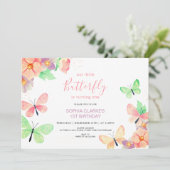 Elegante Bloemenvlinder Custom Foto 1e verjaardag Kaart (Staand voorkant)