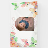 Elegante Bloemenvlinder Custom Foto 1e verjaardag Spandoek (Verticaal)