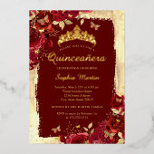 Elegante Bloemenvlinder Rood Goud Quinceanera Folie Uitnodiging (Voorkant)