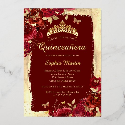 Elegante Bloemenvlinder Rood Goud Quinceanera Folie Uitnodiging (Voorkant)