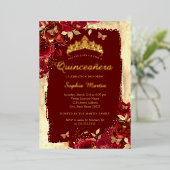 Elegante Bloemenvlinder Rood Goud Quinceanera Folie Uitnodiging (Staand Voorkant)