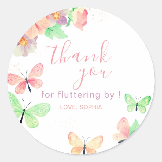 Elegante Bloemenvlinder Verjaardag Ronde Sticker (Voorkant)