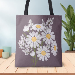 Elegante bloemenwitte madeliefjes op pruim tote bag