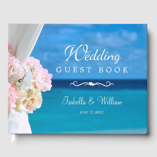 Elegante bloemenzomer blauwe oceaan strand bruilof gastenboek (Voorkant)
