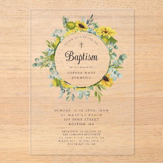 Elegante bloemenzonnebloemkrans meisje doop acryl uitnodigingen (Voorkant)