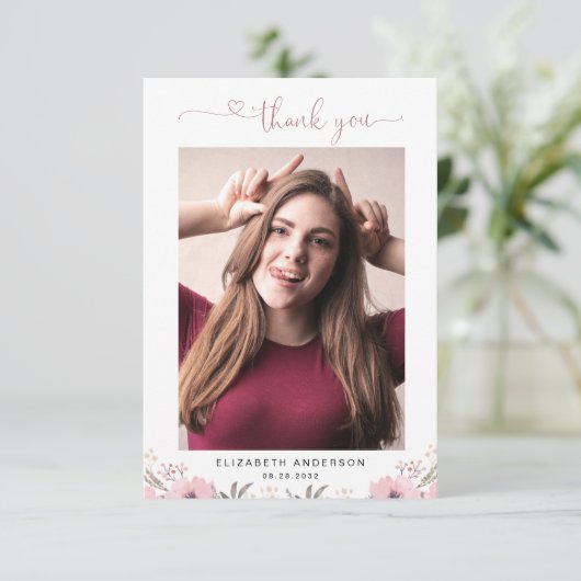 Elegante Bloemhart Script 2 Foto Dankkaart Bedankkaart (Staand voorkant)