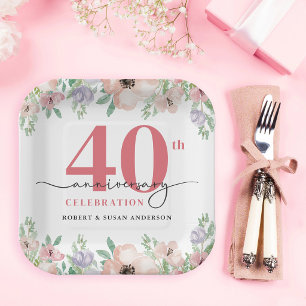 Elegante bloemige 40ste huwelijksverjaardag papieren bordje