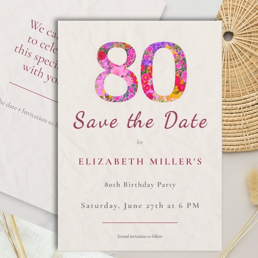 Elegante bloemige 80e verjaardag Save the Date kaa