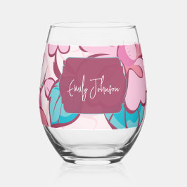 Elegante Bloemige Abstract Roze Blauwe Aangepaste  Wijnglas Zonder Voet