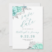 Elegante bloemige aqua zilver Save the Date Kaart (Voorkant)