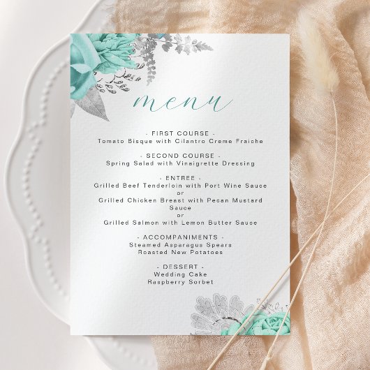 Elegante Bloemige Aqua Zilveren Bruiloft Menu