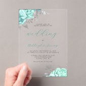 Elegante Bloemige Aqua Zilveren Script Bruiloft Acryl Uitnodigingen (Insitu (Draagbaar))