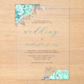 Elegante Bloemige Aqua Zilveren Script Bruiloft Acryl Uitnodigingen (Voorkant)