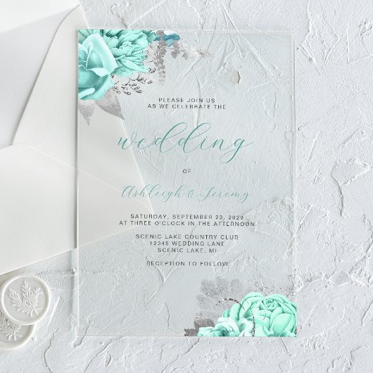 Elegante Bloemige Aqua Zilveren Script Bruiloft Acryl Uitnodigingen