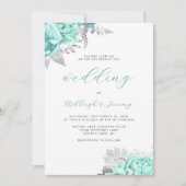 Elegante Bloemige Aqua Zilveren Script Bruiloft Kaart (Voorkant)