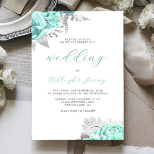 Elegante Bloemige Aqua Zilveren Script Bruiloft Kaart