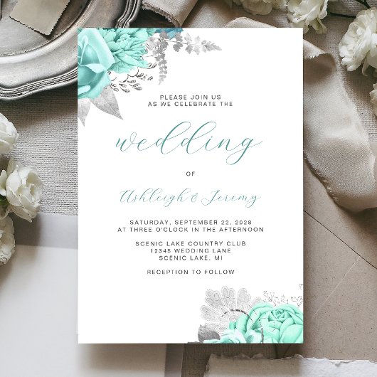 Elegante Bloemige Aqua Zilveren Script Bruiloft Kaart