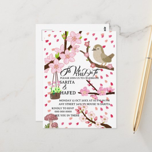 Elegante bloemige bewaar de datum sjabloon, wilde briefkaart (Voorkant / Achterkant in situ)